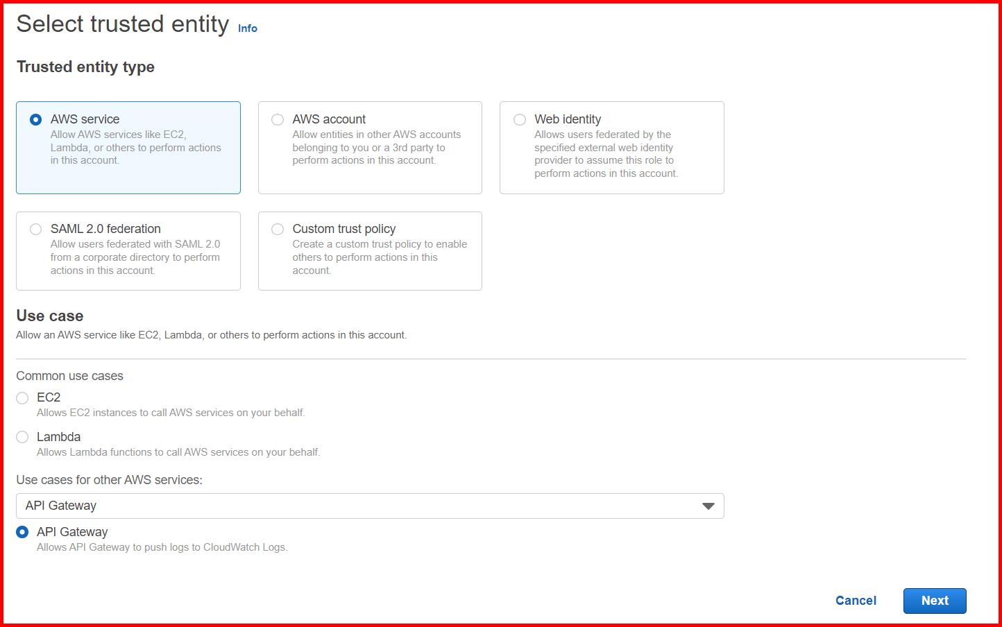Picture showing creating the role for the API gateway